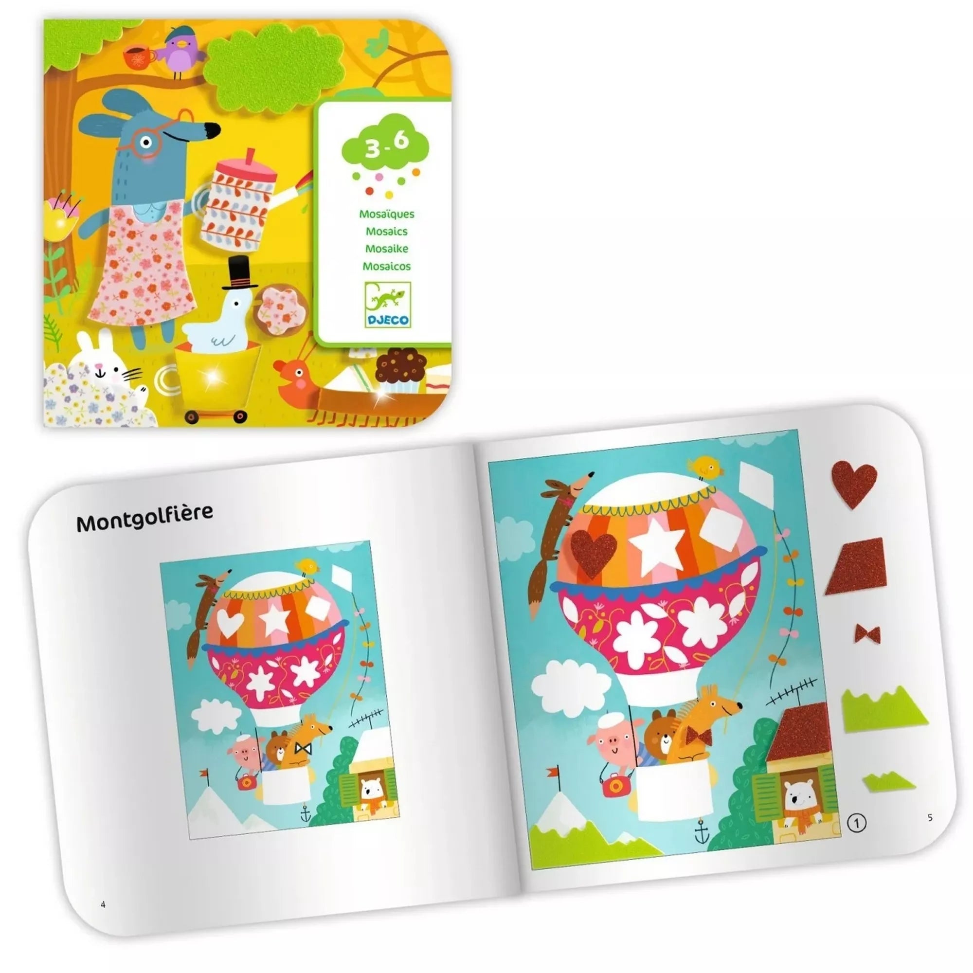 Djeco kollázskészlet illusztrált feladatfüzete, ballonmotívumos képpel és öntapadós habszivacs formák helyeivel, gyerekeknek 3 éves kortól