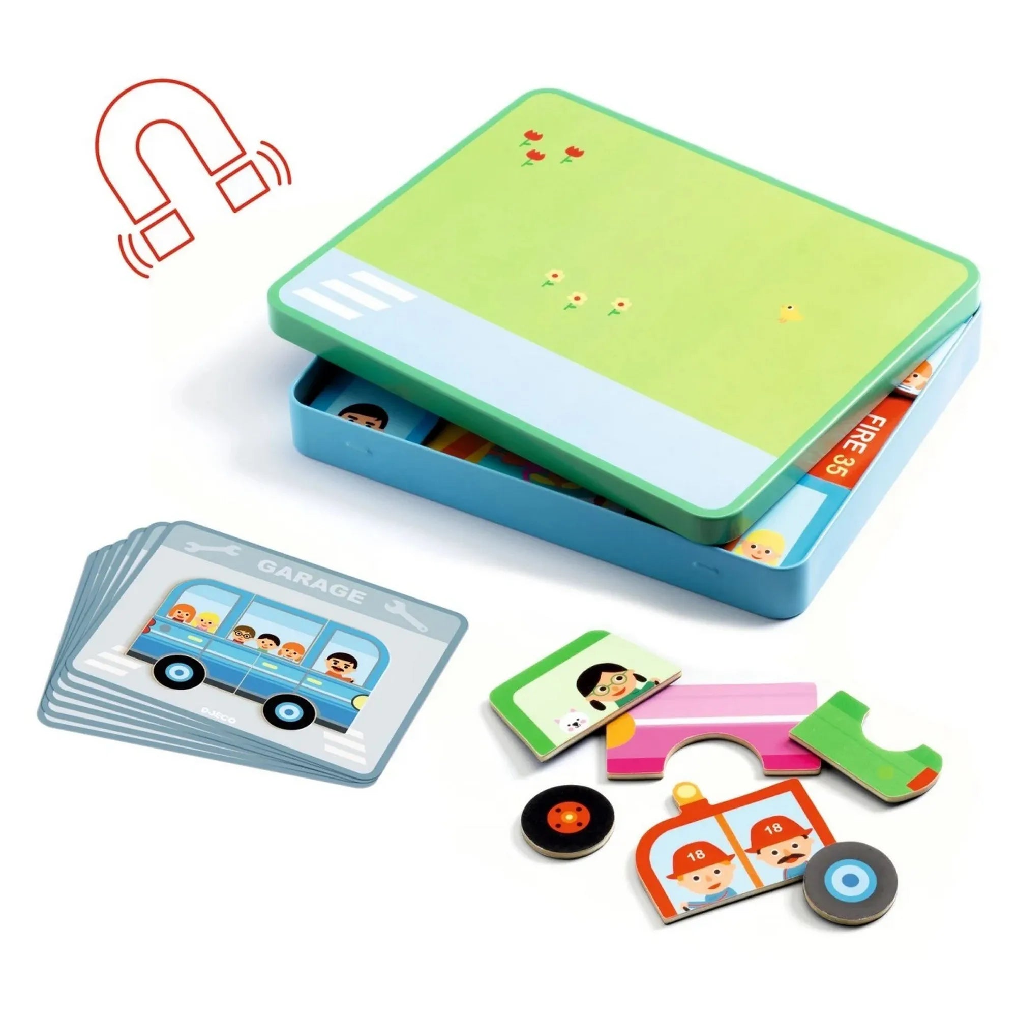 Djeco Inzebox Vehicles mágneses játék – Fém dobozban tárolt mágneses járműves elemek, kártyák és alkatrészek gyerekeknek.