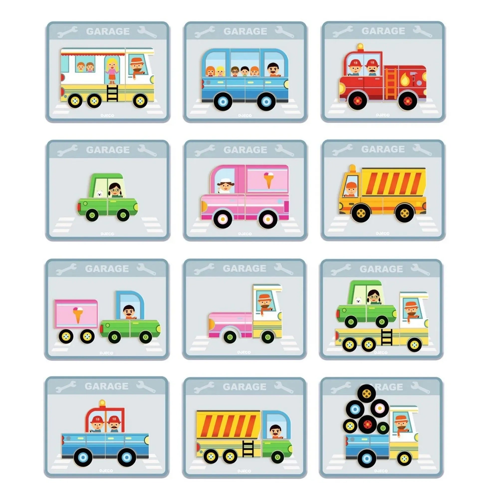 Djeco magneses jarmuvek– Mintakártyák különböző járművekkel: busz, tűzoltóautó, teherautó és furgon.