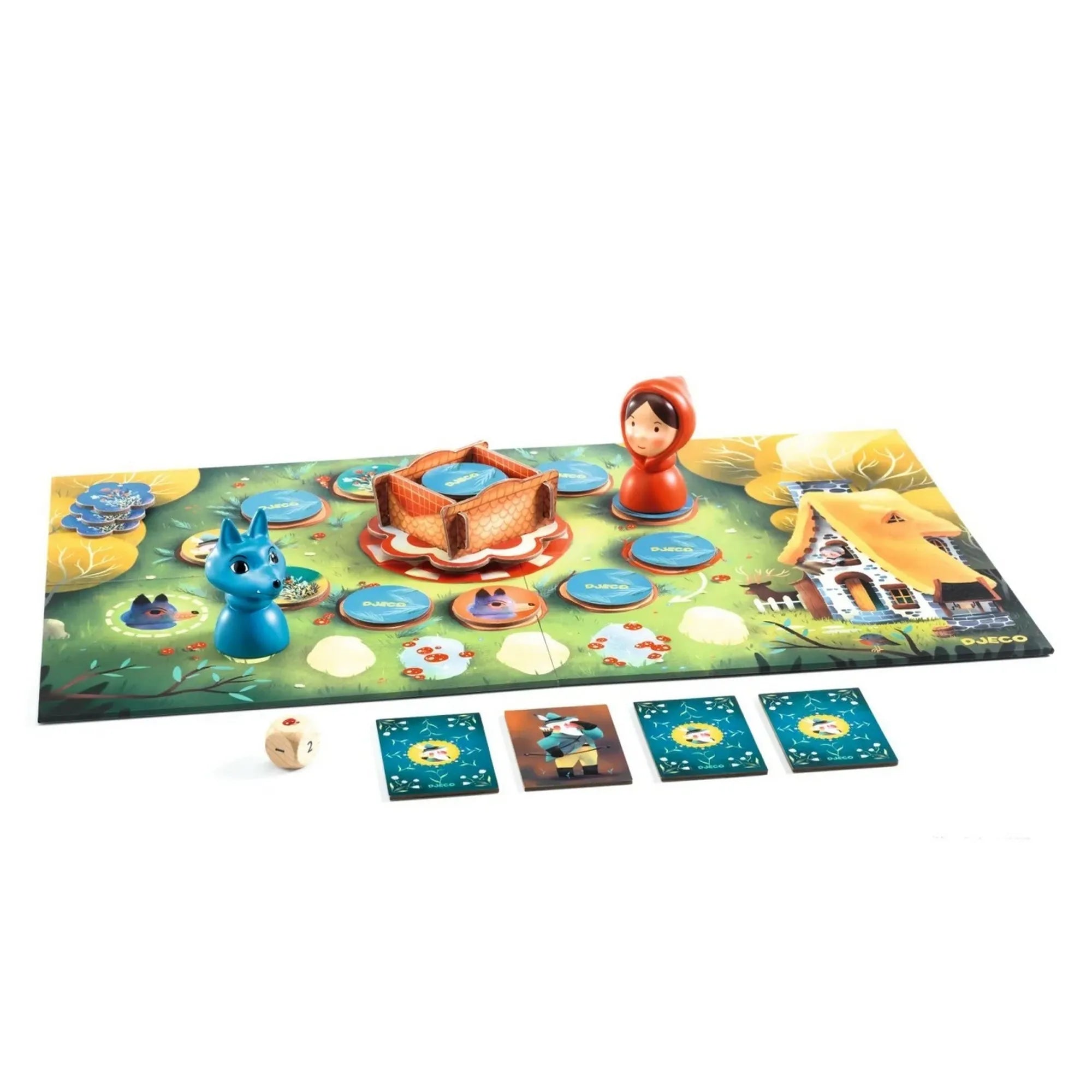 Djeco Piroska társasjáték játéktábla figurákkal, Piroska és a farkas bábukkal, kártyákkal és dobókockával játék közben.