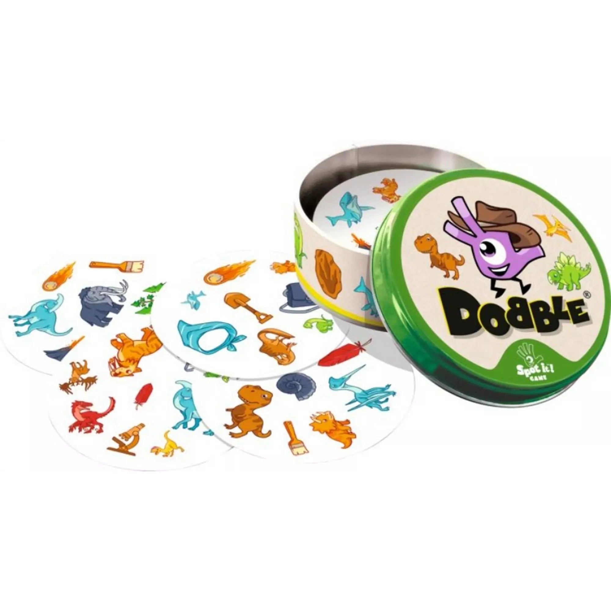 Nyitott Dobble Dínók fémdoboz színes kártyákkal, amelyeken különböző dinoszaurusz és őskori szimbólumok láthatók.