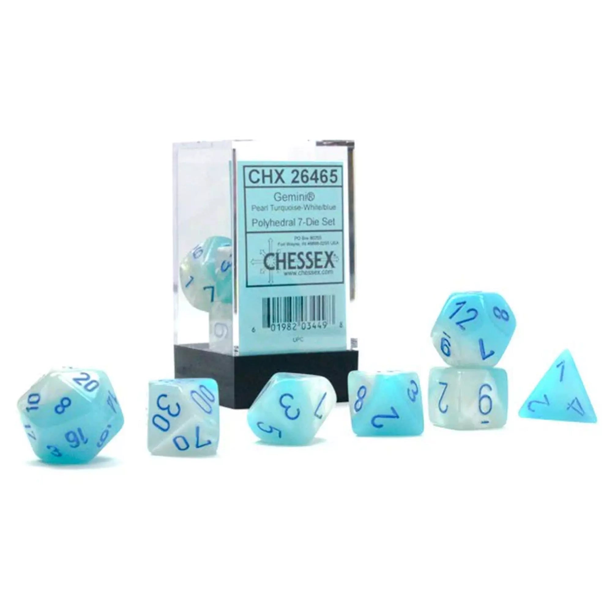 „Dobókocka szett türkiz, fehér, kék – 7 darabos Chessex Gemini készlet dobozban, különböző oldalszámú kockákkal”