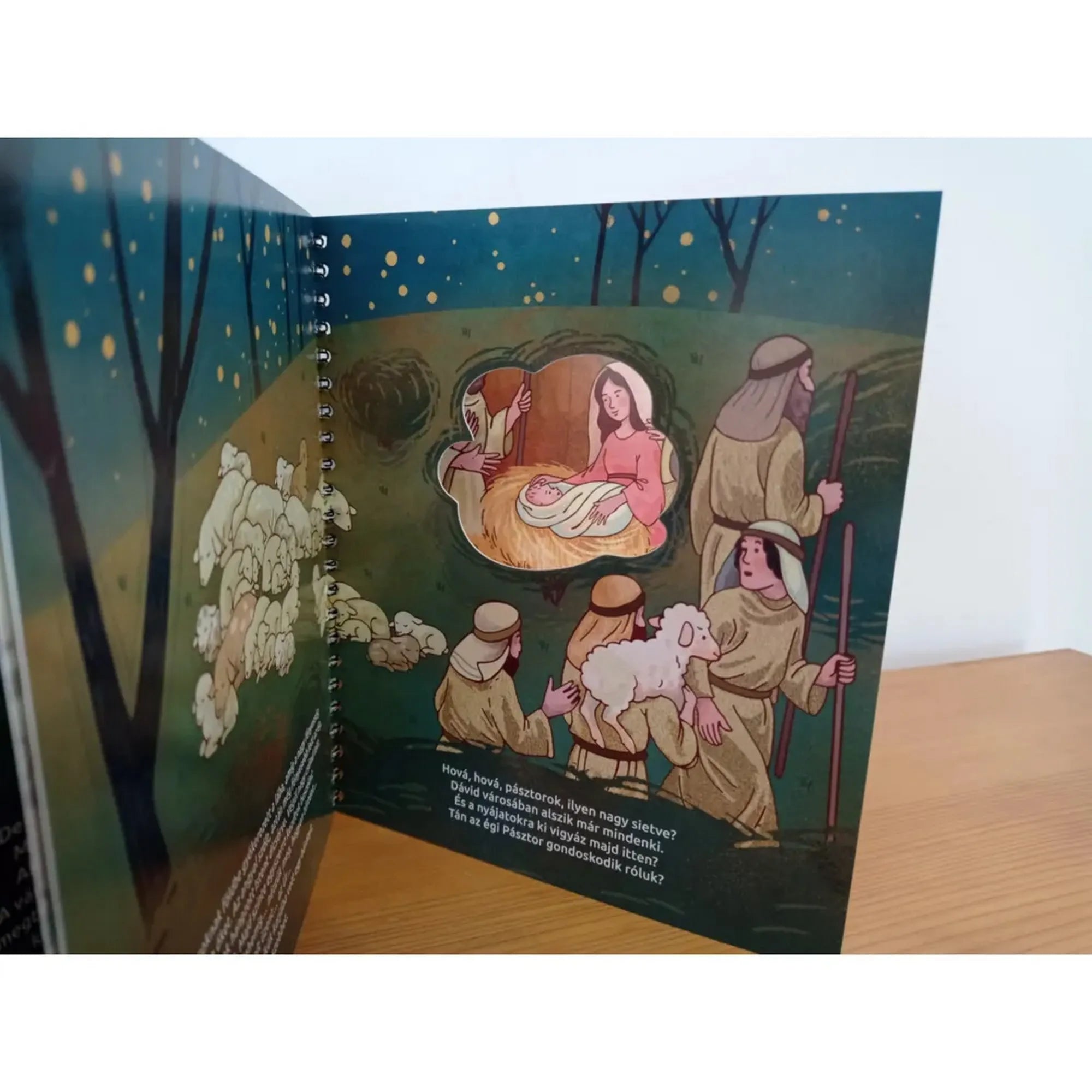 Az Ég és Föld Fia könyvben a pásztorok a jászolnál állnak, ahol Mária a kisdedet tartja, körülöttük bárányok.