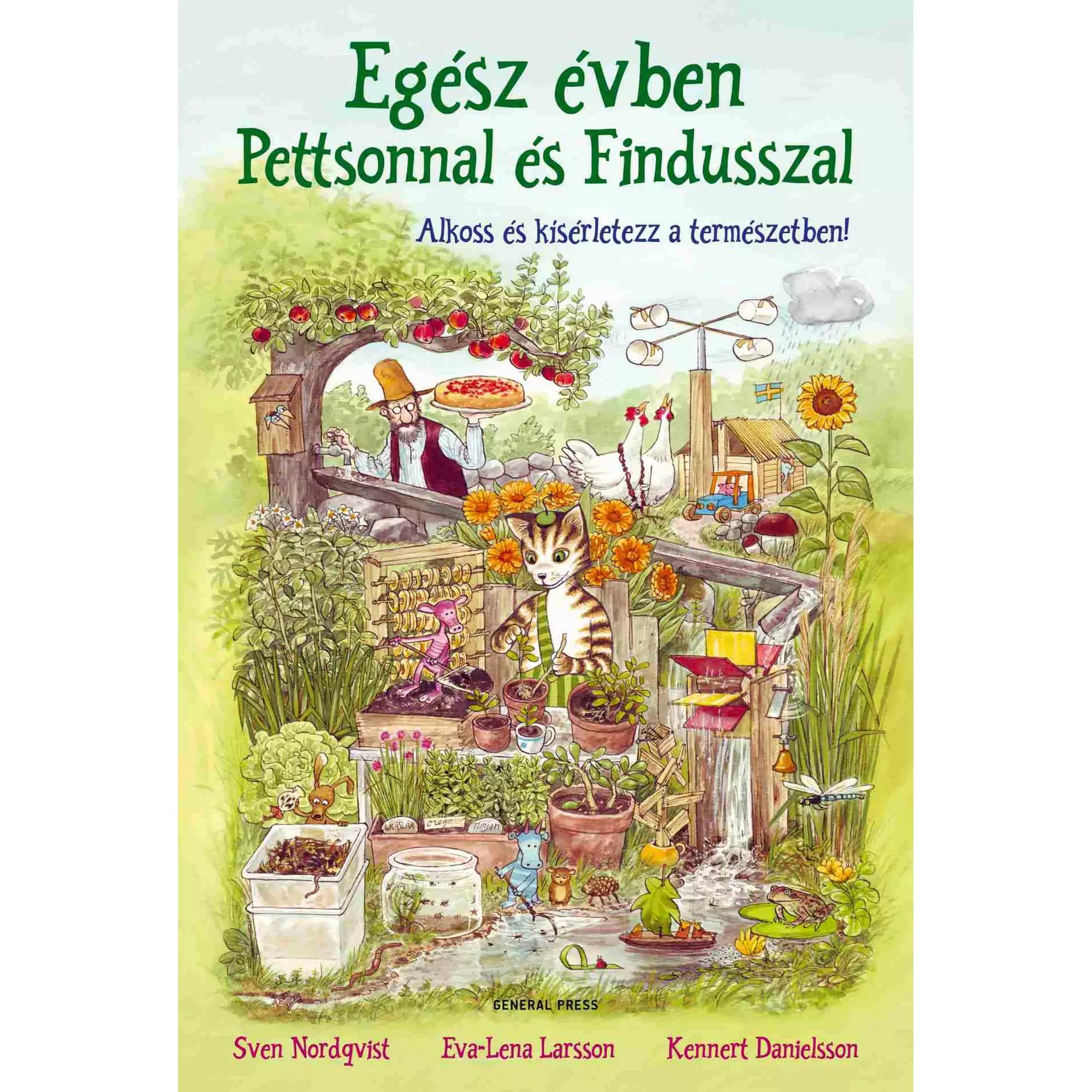 Alt szöveg: Az „Egész évben Pettsonnal és Findusszal” könyv borítója, amelyen Pettson pizzát süt egy almafa alatt, míg Findusz virágok között kertészkedik egy napsütötte, vidám természetrajzú jelenetben.