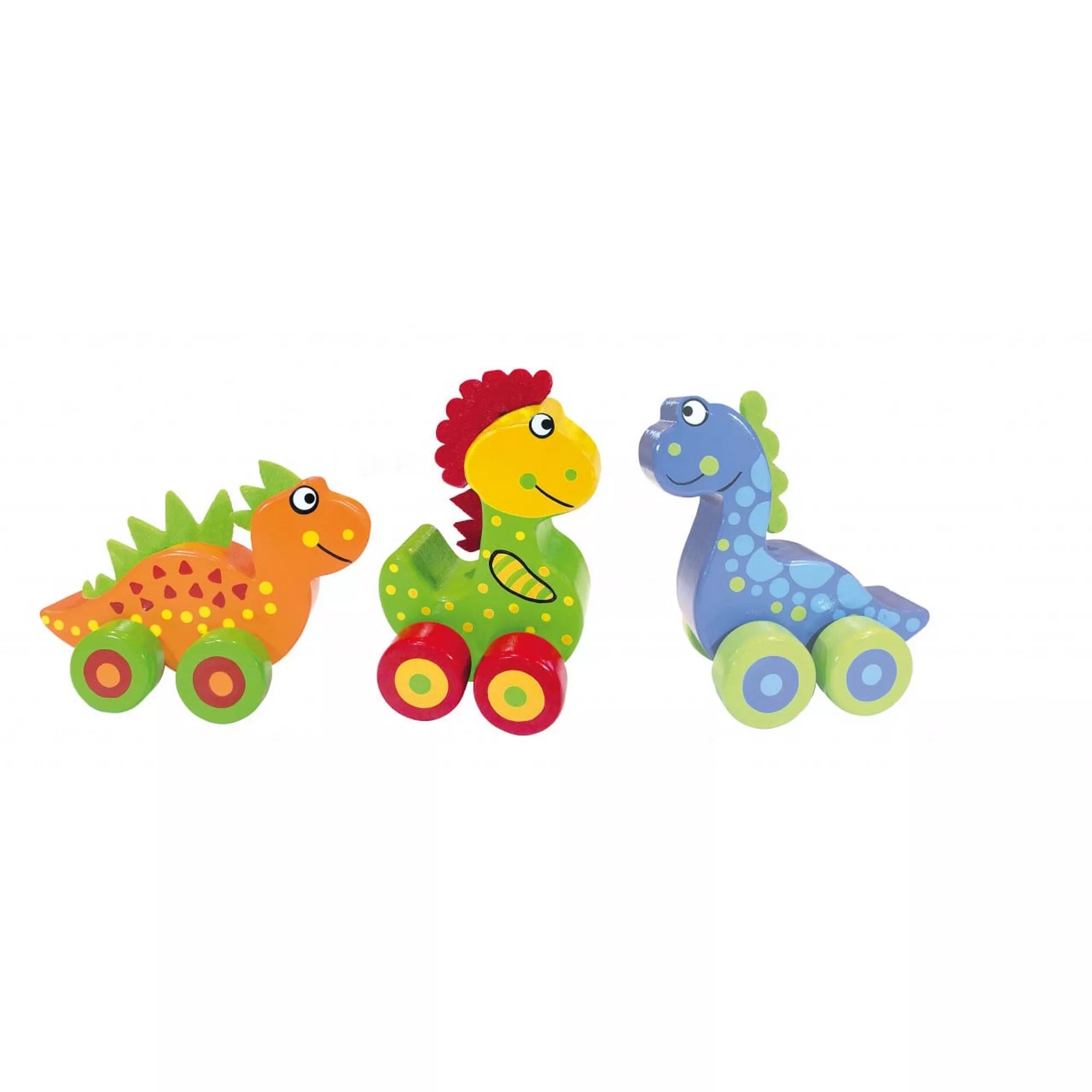 Az Orange Tree Toys „Első dinoszauruszaim” készlet három fa dinoszaurusza: narancssárga stegosaurus, zöld t-rex és kék brontoszaurusz, guruló kerekekkel.