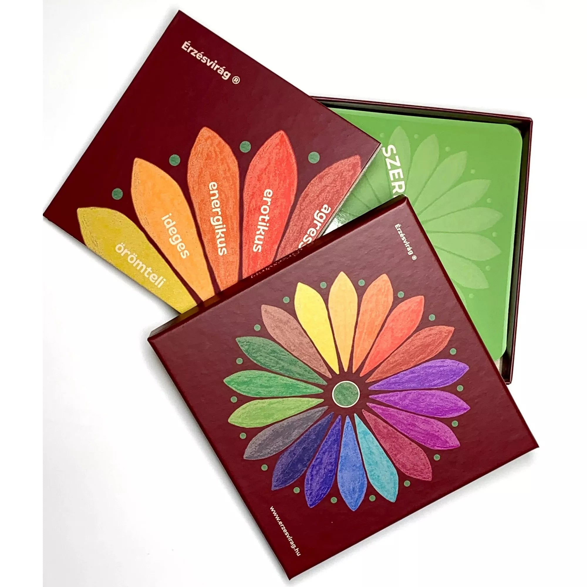 Nyitott Érzésvirág doboz, benne több érzelmet jelölő színes kártyalap. A fedőlapon a virág grafika látható, a kártyákon különböző érzelmek nevei szerepelnek, például „örömteli”, „ideges”, „energetikus”, „erotikus”. A kompozíció megmutatja a készlet sokszínűségét és a minőségi kivitelezést.
