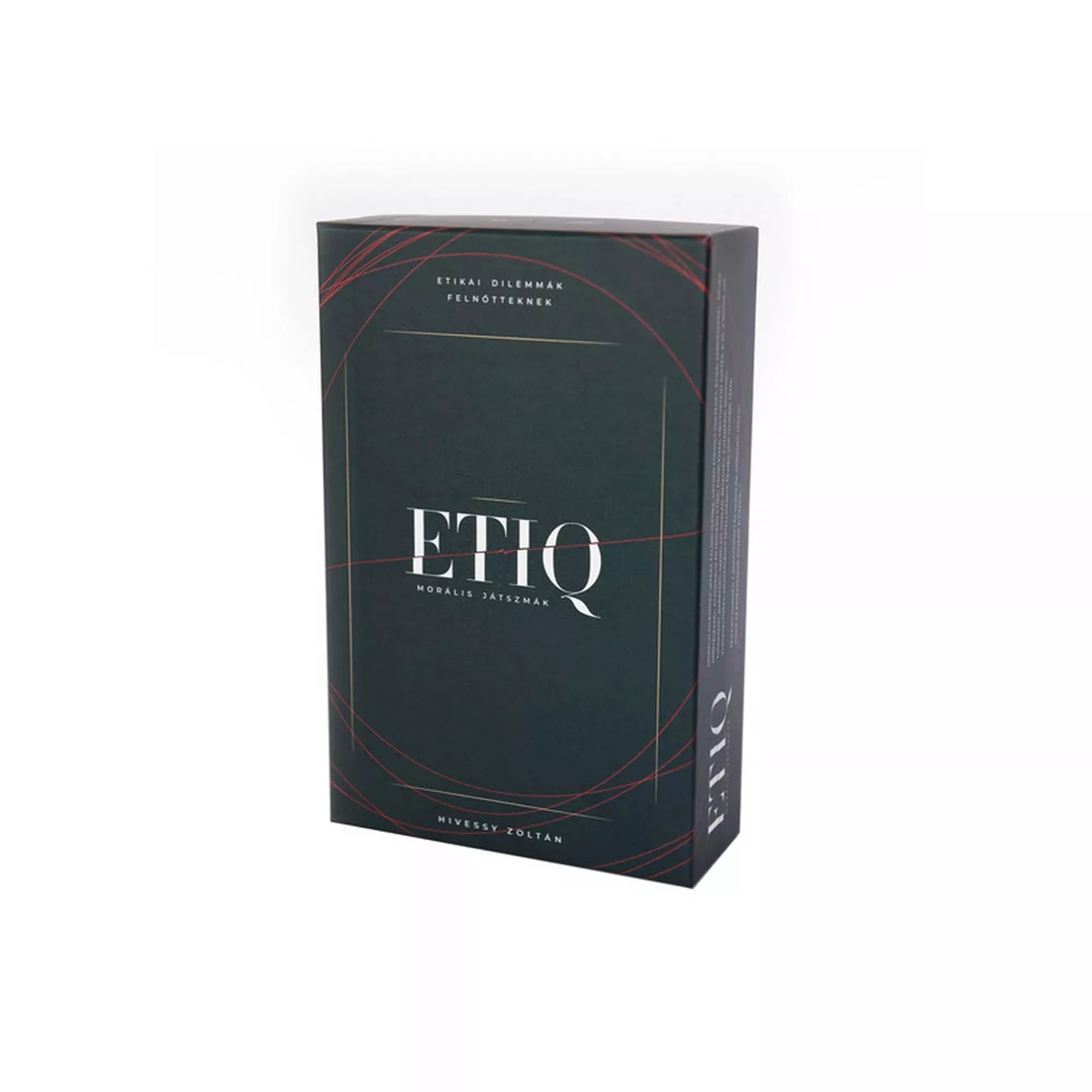 ETIQ – Morális játszmák felnőtteknek társasjáték doboza előlnézetben, letisztult fekete háttérrel és finom arany-vörös grafikai vonalakkal. A doboz közepén elegáns fehér „ETIQ” logó látható, fölötte a felirat: „Etikai dilemmák felnőtteknek”. Prémium megjelenésű csomagolás, amely a játék komoly, gondolatébresztő témáira utal.