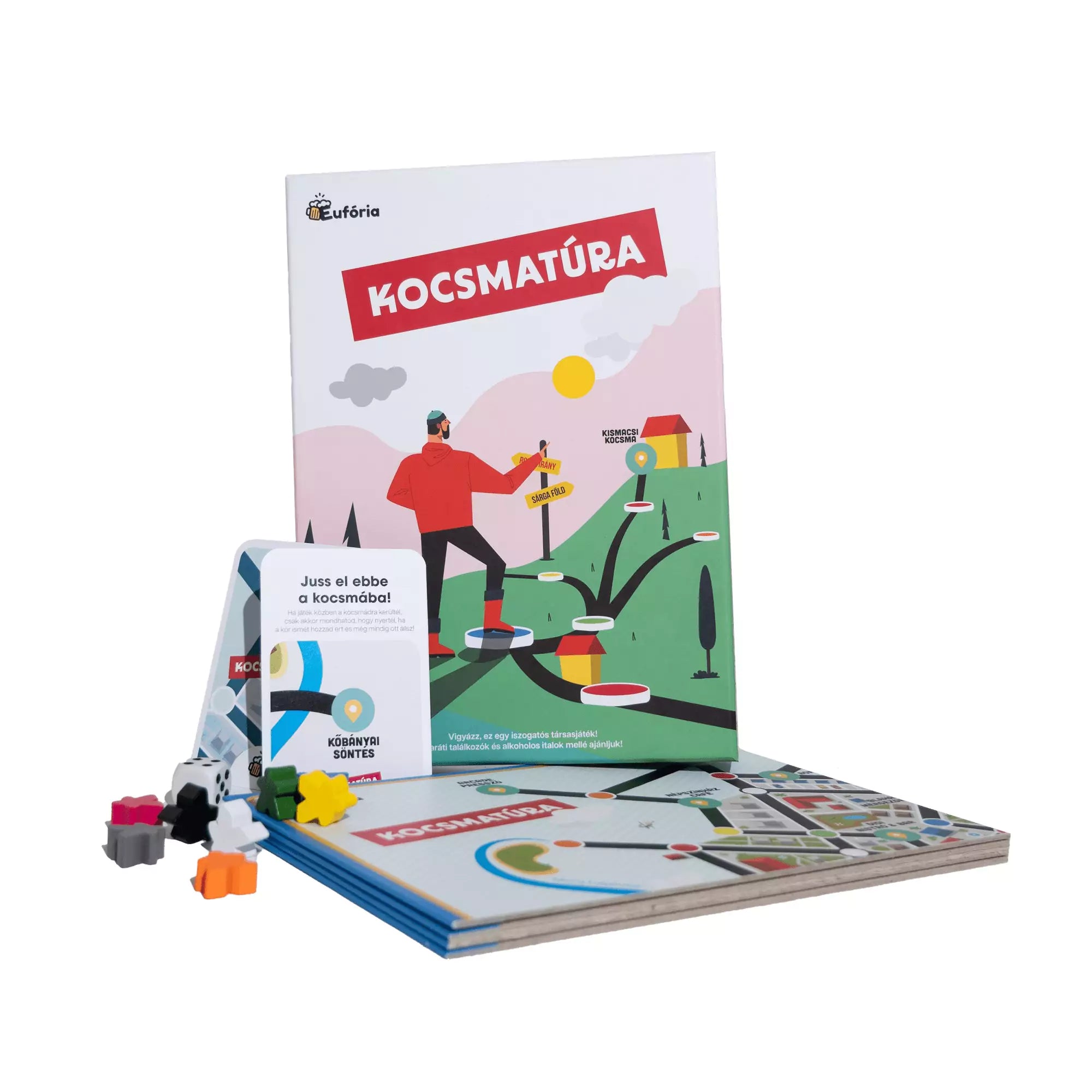 A Kocsmatúra társasjáték doboza, mellette játéktáblák, figurák és játékkártyák színes, vidám grafikával.
