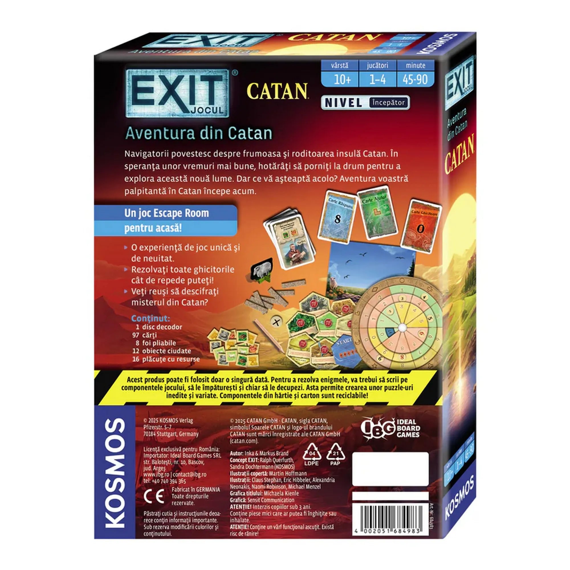 EXIT – Aventura din Catan társasjáték doboz hátoldala, részletes játékleírással, tartalomlistával és a Catan témájú Escape Room hangulatával.