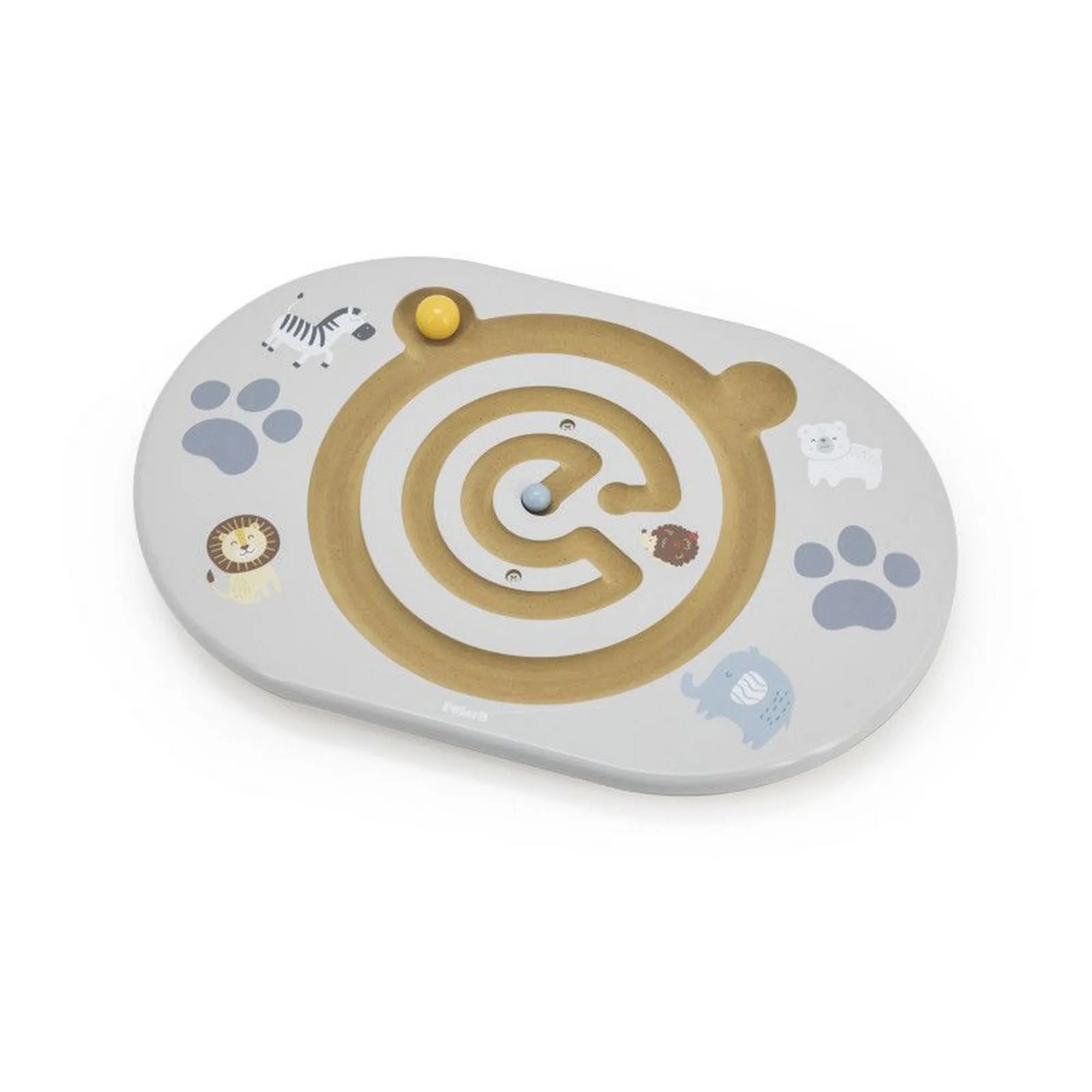 A Viga egyensúlyozó és koordinációs tábla teljes képe állatfigurákkal és két vezető golyóval.