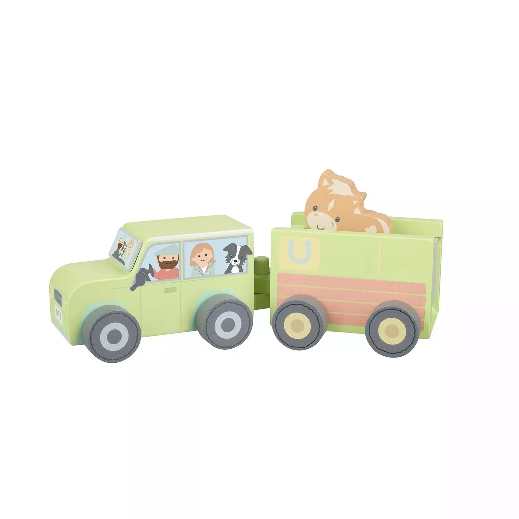 A fa teherautó utánfutóval és a lóval az Orange Tree Toys kollekcióból. A lovacska az utánfutóban utazik, miközben a sofőr és az utas mosolyogva néz ki az ablakon. A játék vidám zöld árnyalatú, ideális szerepjátékhoz és állatos kalandokhoz.