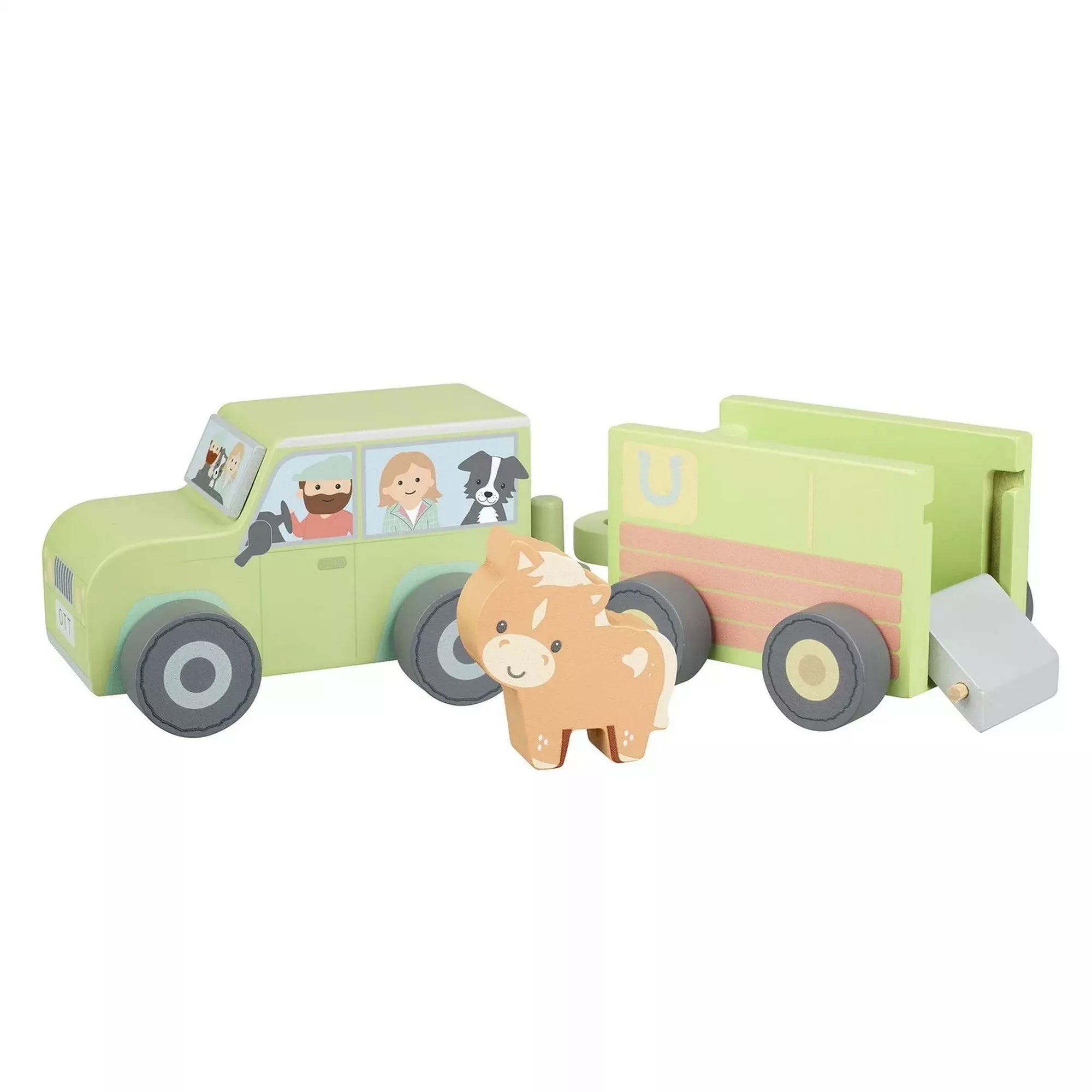 Zöld színű fa teherautó utánfutóval és barna lovacskával az Orange Tree Toys-tól. A járműben két mosolygós figura és egy fekete-fehér kutya látható, az utánfutó ajtaja nyitva van, előtte a kis fa ló áll. Aranyos, kézzel festett részletek és lekerekített formák teszik biztonságossá a játékot kisgyermekek számára.