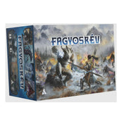 A Fagyosrév dobozképe havas, hegyi tájon játszódó csatajelenetet ábrázol, ahol egy harcos szembeszáll egy óriási szörnyeteggel, háttérben lángoló falvakkal.