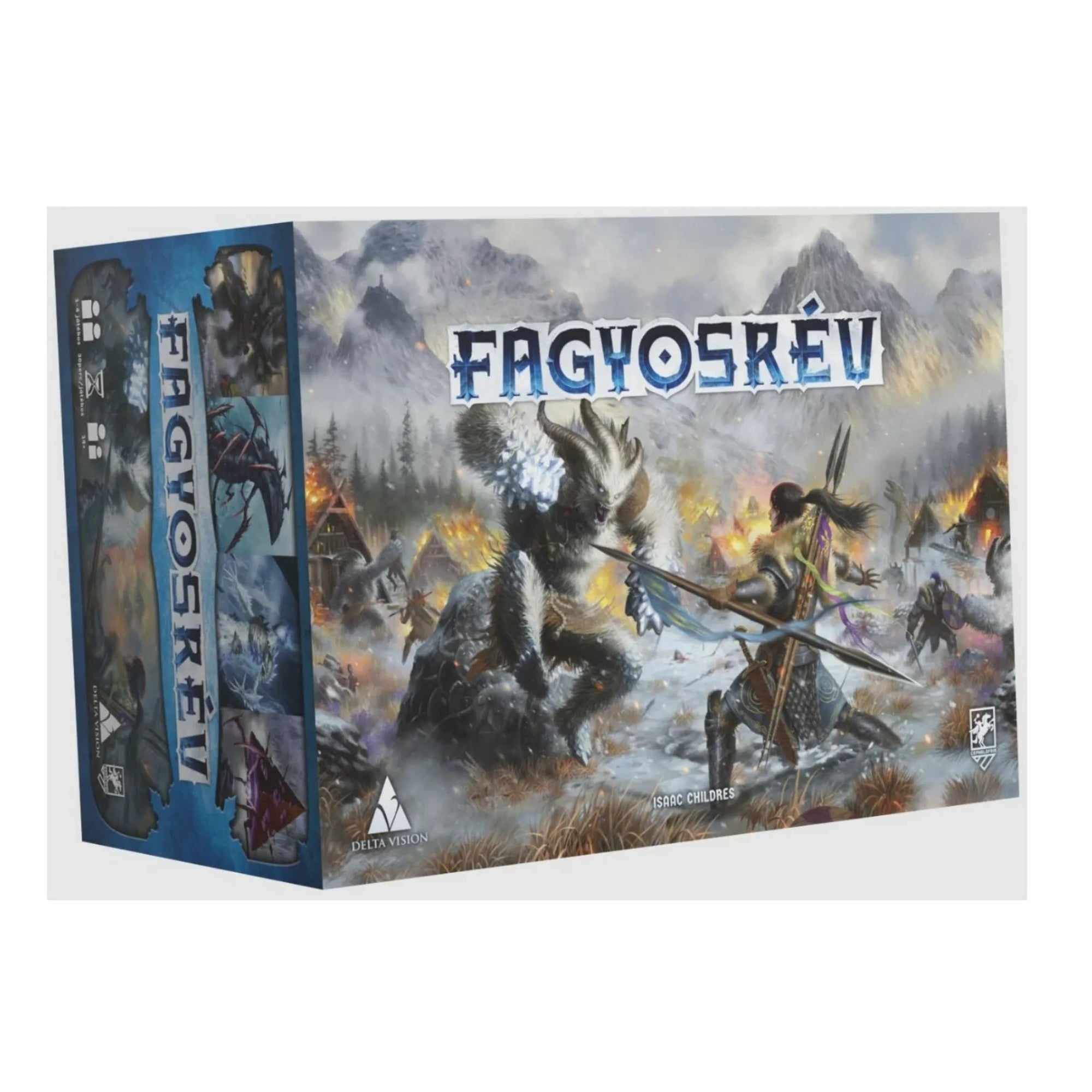 A Fagyosrév dobozképe havas, hegyi tájon játszódó csatajelenetet ábrázol, ahol egy harcos szembeszáll egy óriási szörnyeteggel, háttérben lángoló falvakkal.