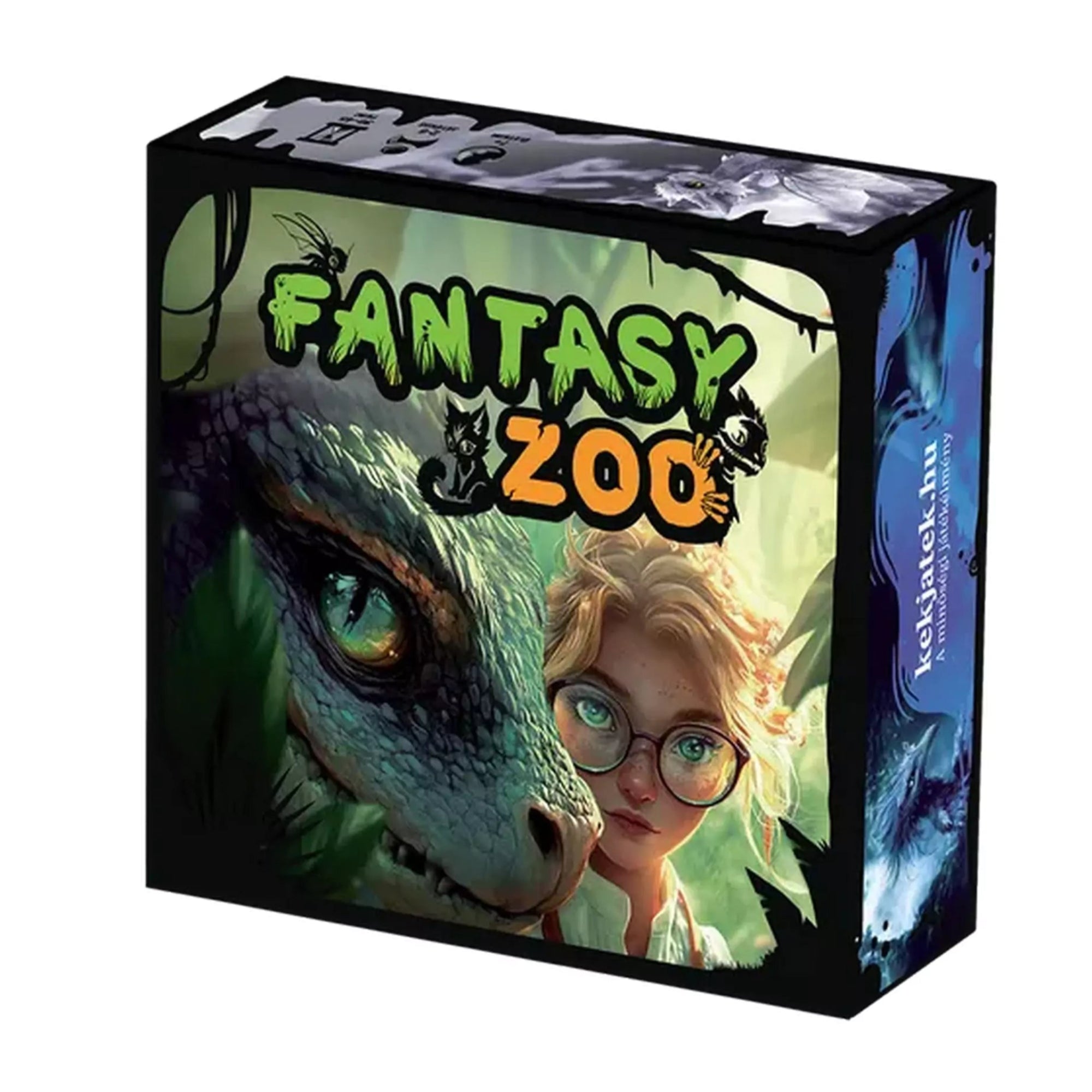  A Fantasy Zoo dobozán egy szemüveges lány és egy kék-zöld sárkányszerű fantázialény látható.