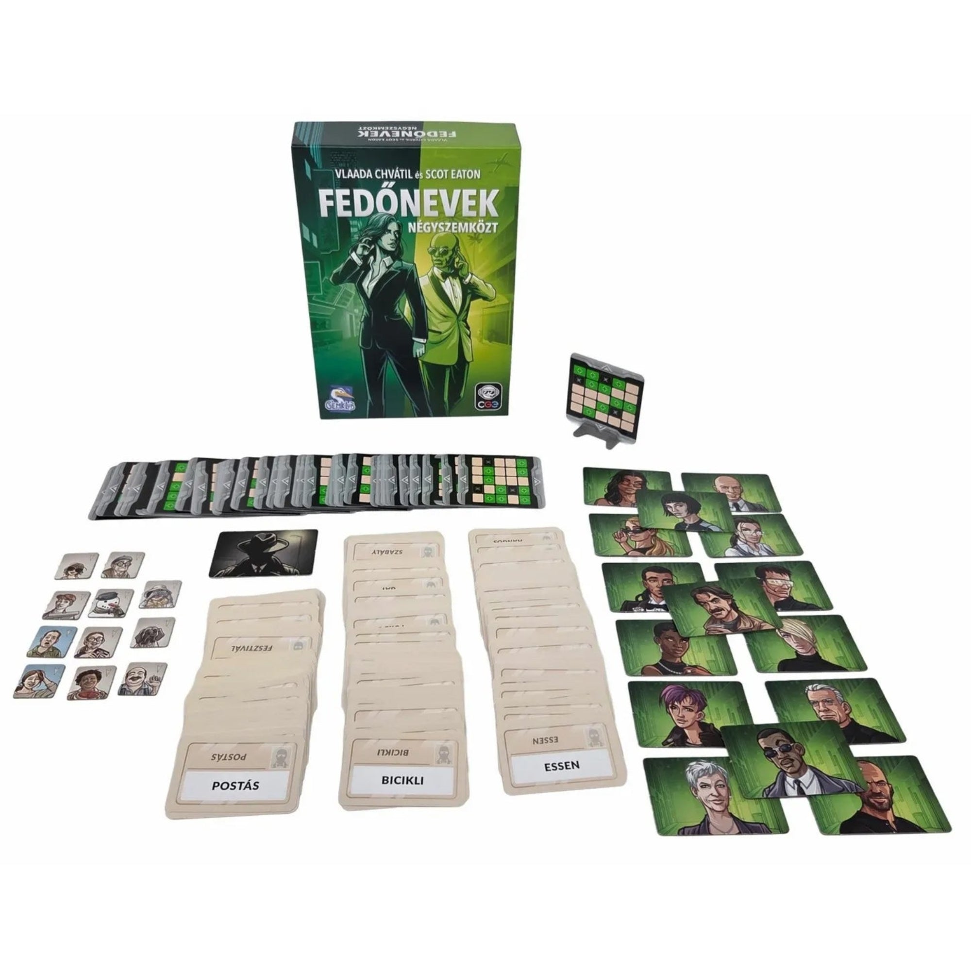 Fedőnevek négyszemközt - 2. kiadás doboz és játékelemek együtt, magyar nyelvű kiadás a Gémklub gondozásában, teljes tartalom bemutatása.