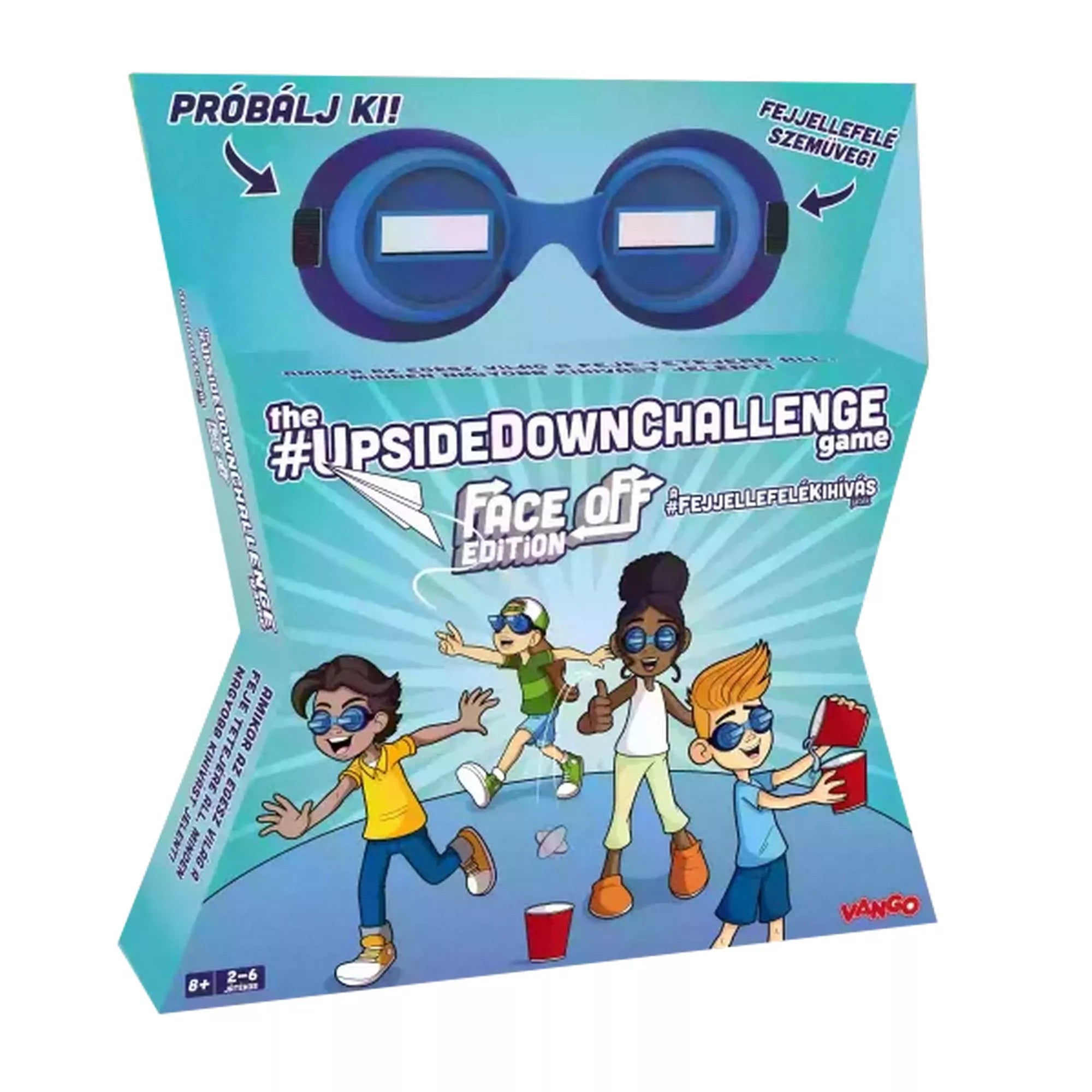 A Fejjellefelékihívás: Face Off Edition társasjáték doboza, amelyen gyerekek fejjel lefelé szemüveget viselnek, miközben vicces feladatokat próbálnak teljesíteni. A csomag élén a kék szemüveg látható, alatta a játék logója és illusztrált szereplők.