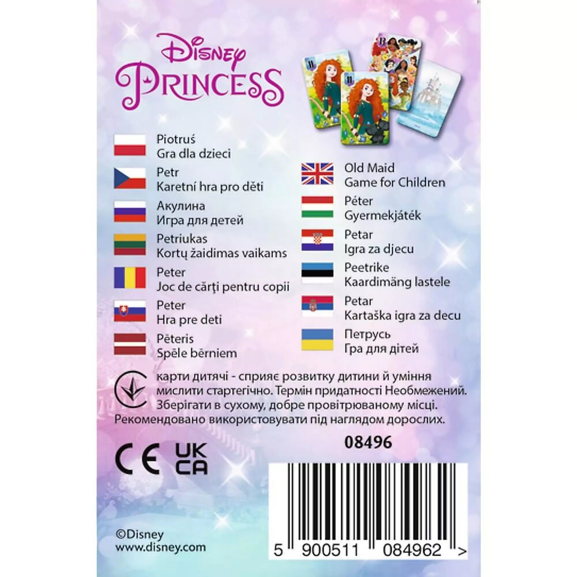 „Fekete Péter kártya: Disney Hercegnők – a doboz hátoldala többnyelvű ismertetővel és Trefl logóval.”