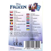 „Fekete Péter kártya: Jégvarázs – a doboz hátoldala többnyelvű ismertetővel, Disney Frozen logóval és CE jelzéssel.”