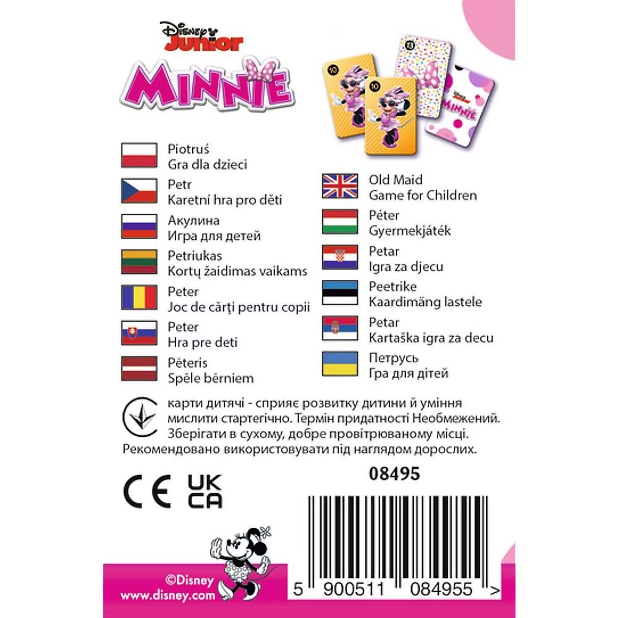 „Fekete Péter kártya: Minnie – a doboz hátoldala nyelvekkel és játékismertetéssel, Trefl logóval.”