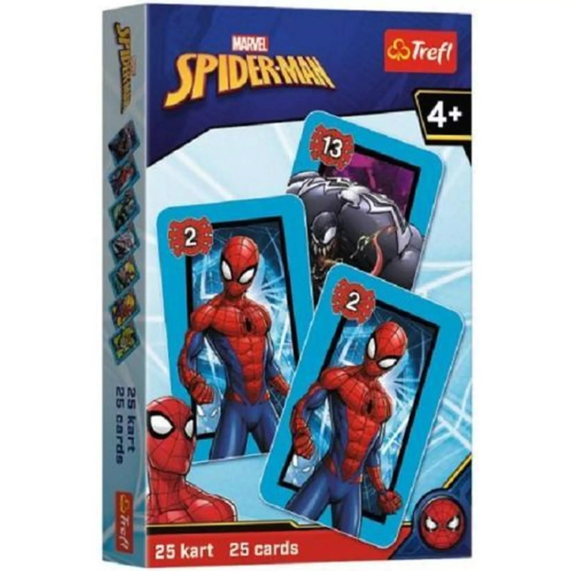 „Fekete Péter kártya: Pókember – a játék doboza Marvel stílusban, Pókemberrel és Venommal, 25 darabos Trefl kiadás.”
