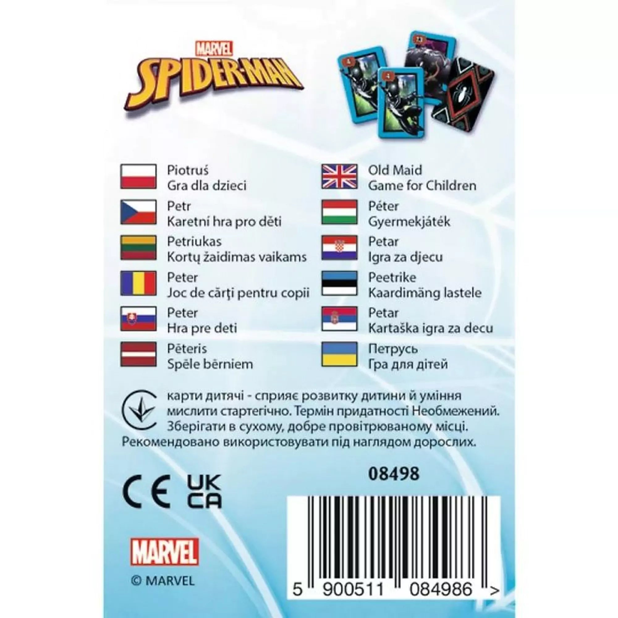 „Fekete Péter kártya: Pókember – doboz hátoldala többnyelvű ismertetővel, Marvel és CE logóval.”