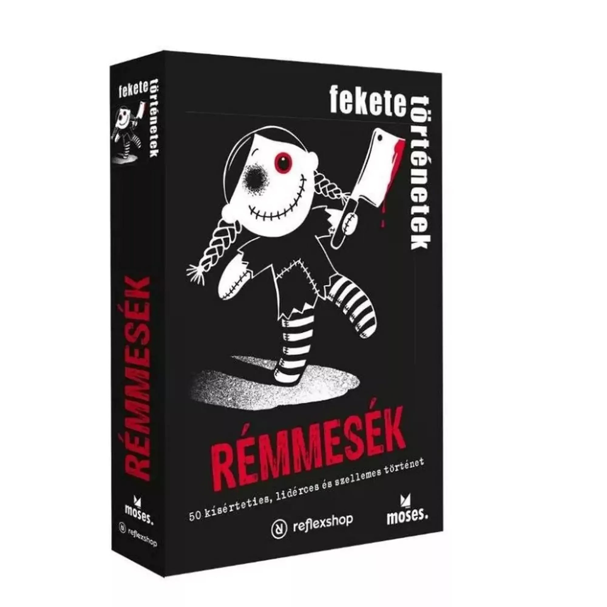 A Fekete történetek: Rémmesék társasjáték doboza hátborzongató grafikával, 50 kísérteties történetet ígérve – tökéletes választás misztikus estékhez.