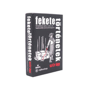 A fekete történetek szar ügy doboza zárt állapotban, fekete alapon fehér piros illusztrációval és a termék nevével.