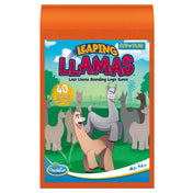 Flip n' Play Leaping Llamas többnyelvű logikai játék narancssárga, hordozható tokban, elől a lámás borítóval.