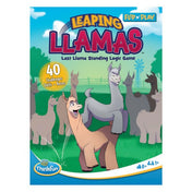 Flip n' Play Leaping Llamas többnyelvű logikai játék dobozképe, vidám lámákkal a mezőn, 40 kihívással, 8 éves kortól.