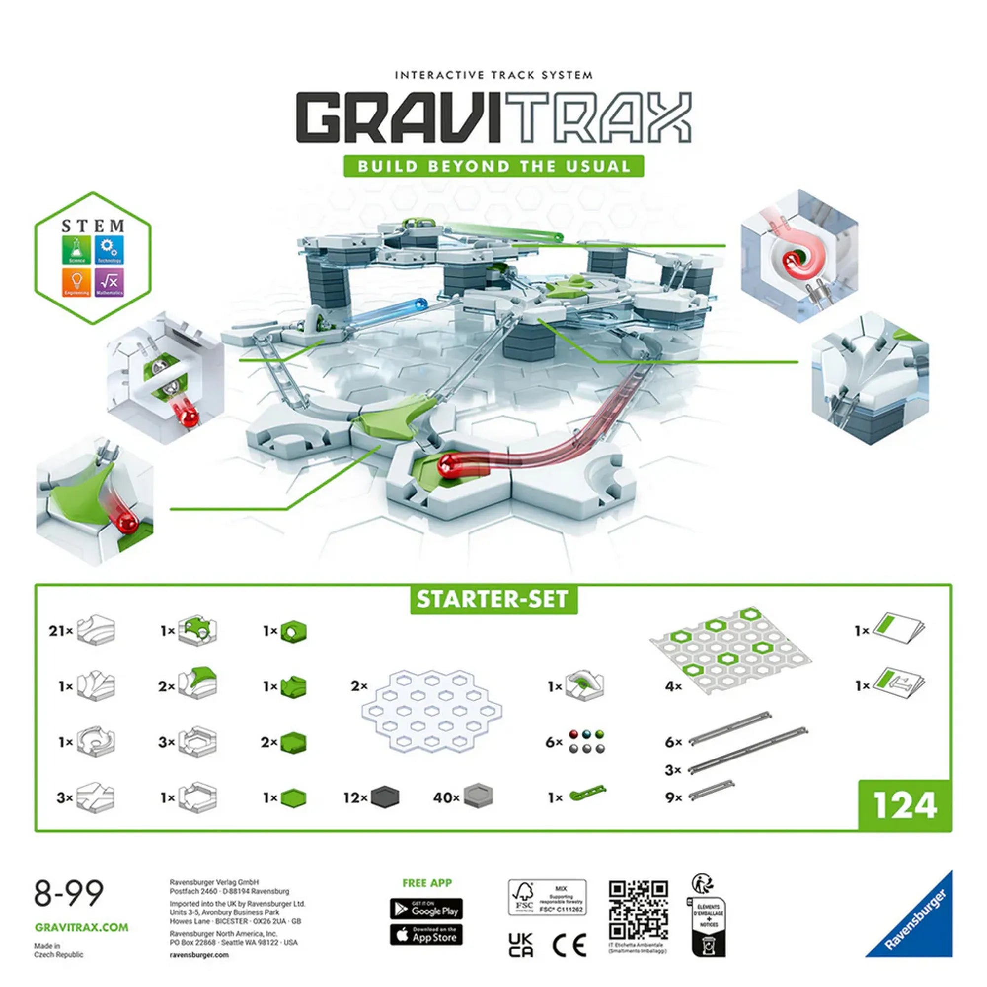 Gravitrax Starter Set hátoldal, elemlista és pályaépítési példa, STEM golyópálya 124 alkatrésszel, 6 golyóval.