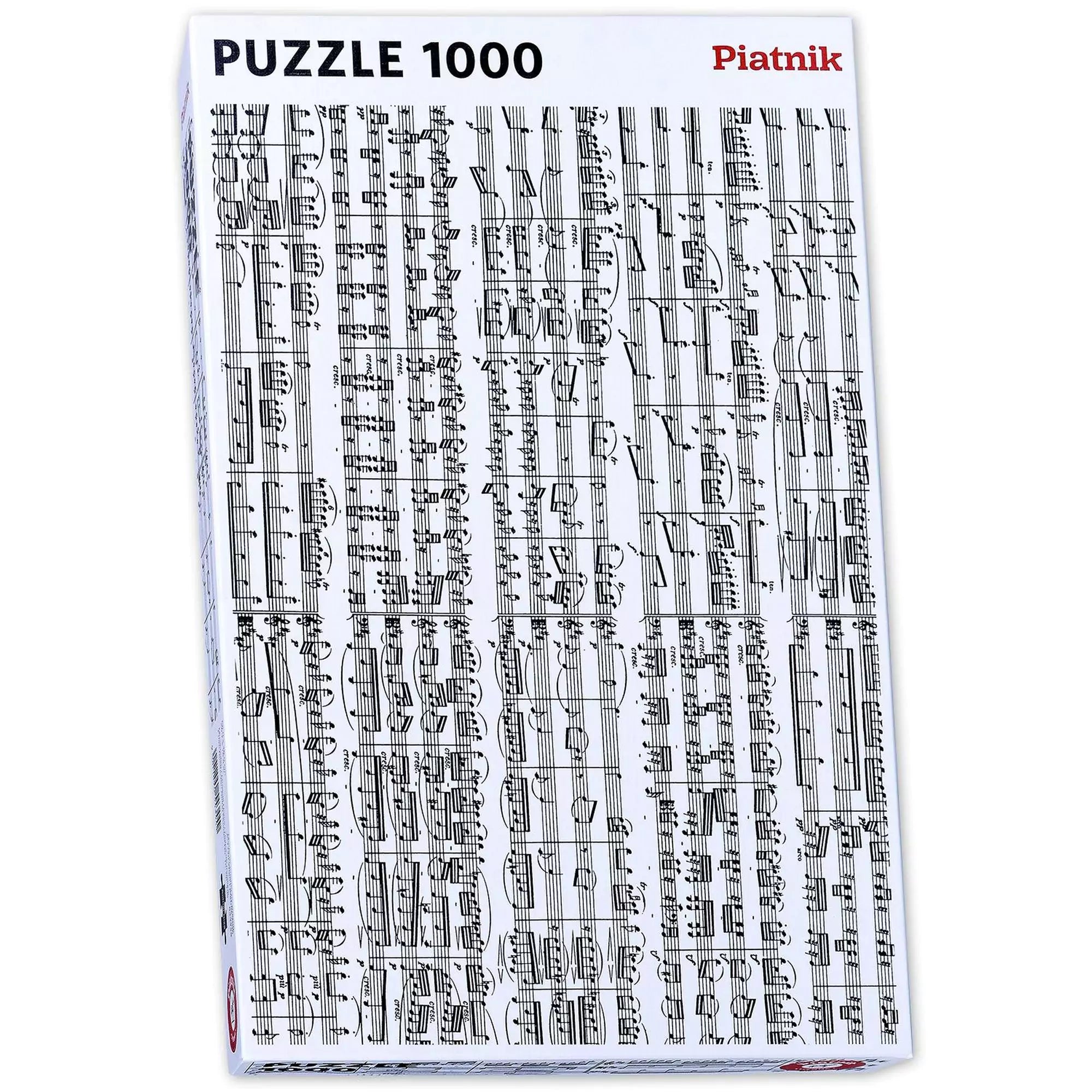 „A Hangjegyek 1000 darabos Piatnik puzzle doboza álló formátumban, amelyen részletes kottaoldal látható fekete-fehér hangjegyekkel.”