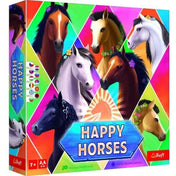 A Happy Horses társasjáték doboza színes lóillusztrációkkal, 7 éves kortól ajánlva, 2–4 játékos részére.