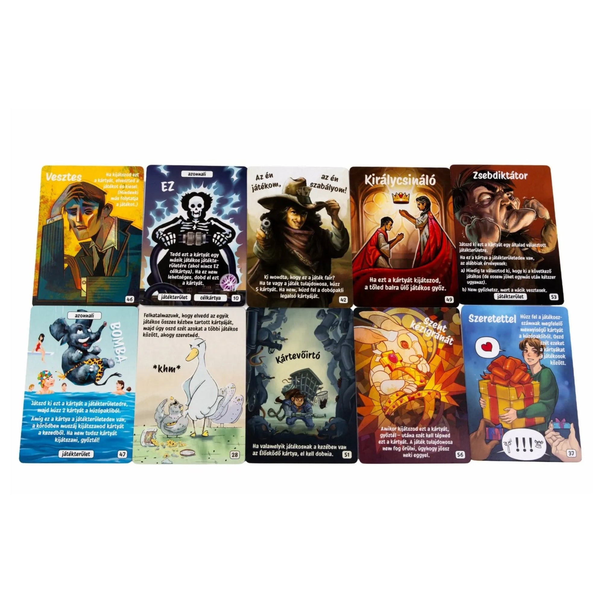 A Hát ez kész! társasjáték válogatott kártyái közelről, különböző karakterekkel és akciókkal.