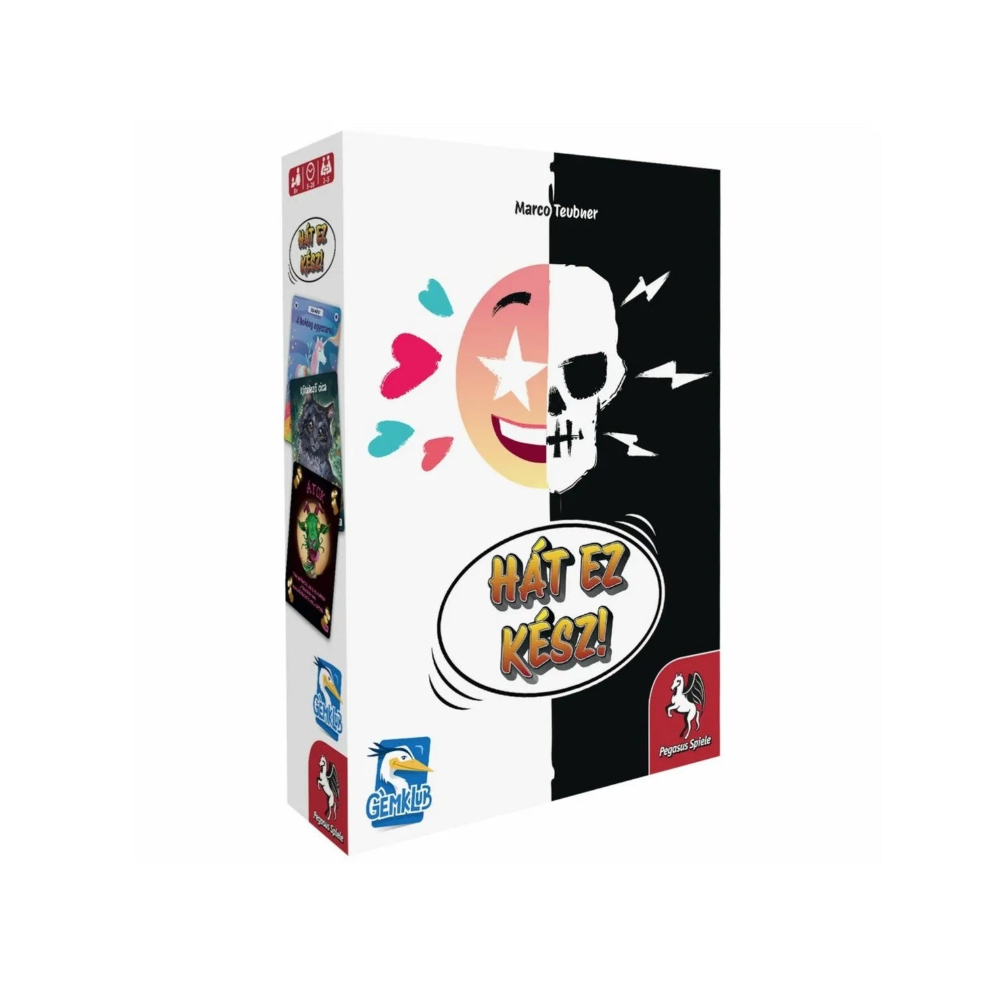 A Hát ez kész! társasjáték doboza, fele emoji, fele koponya grafikával, fehér-fekete háttérrel.