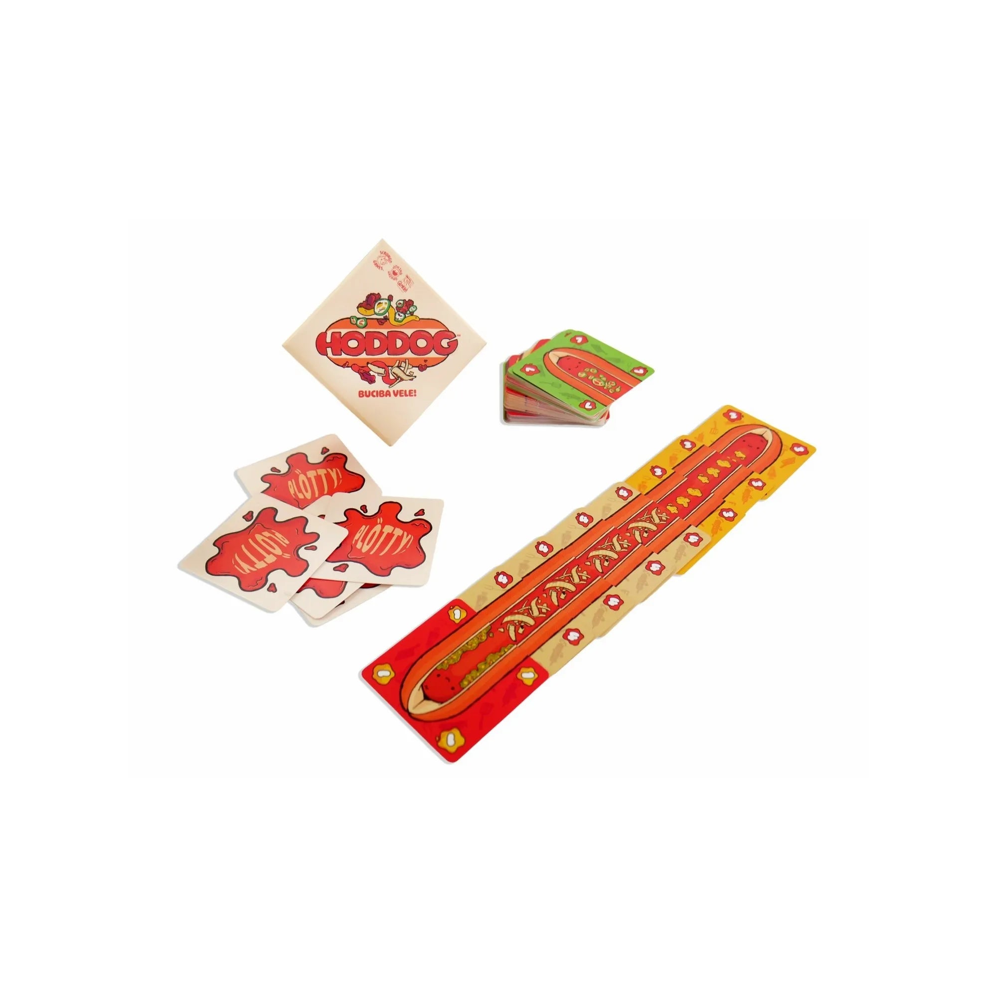 A Hoddog társasjáték kártyái és játékelemei, köztük a “Hotty” feliratú lapok és egy összerakott hot dog kártyasor.