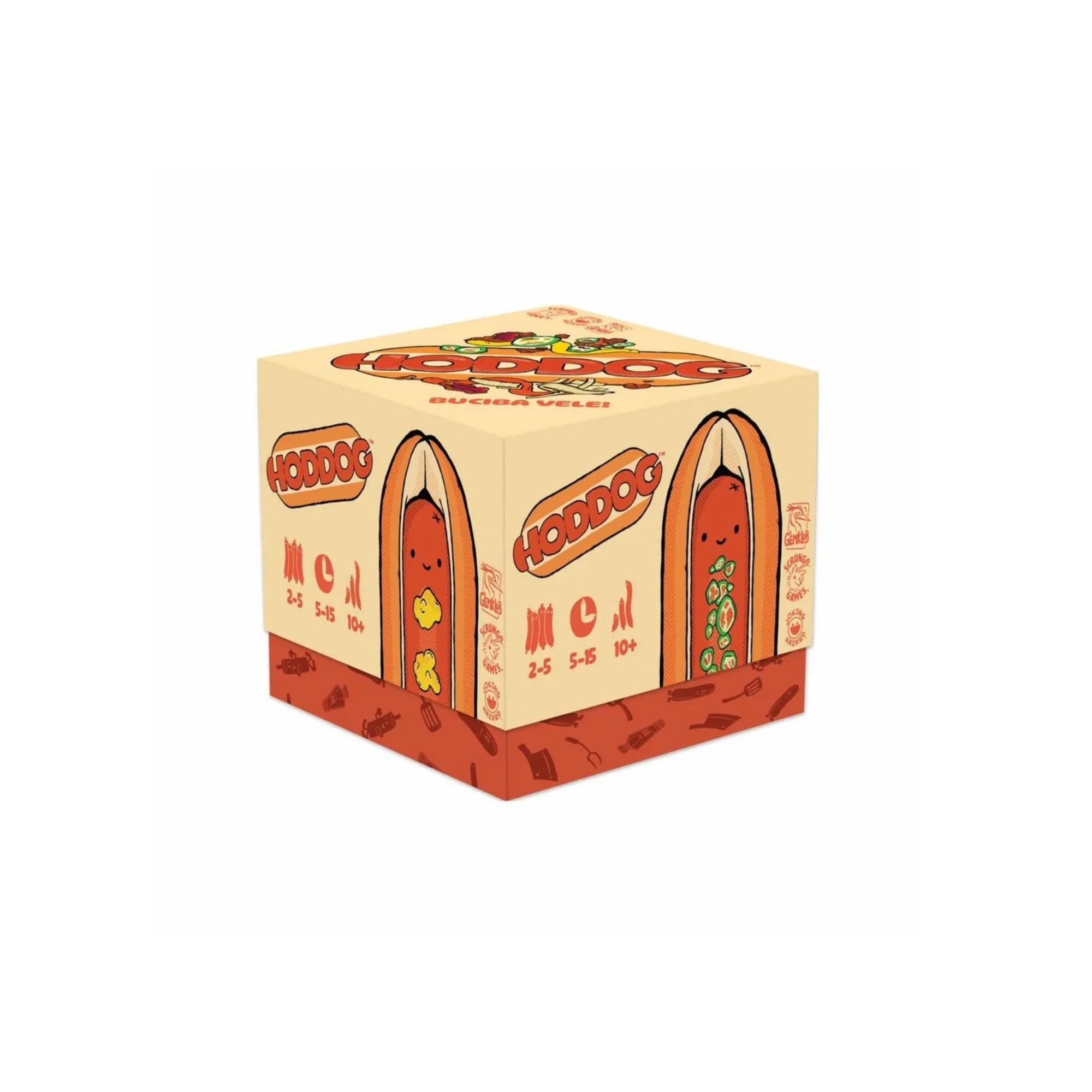 A Hoddog társasjáték színes, vidám csomagolása, amelyen mosolygós hot dog figurák láthatók, krémszín és piros dizájnnal.