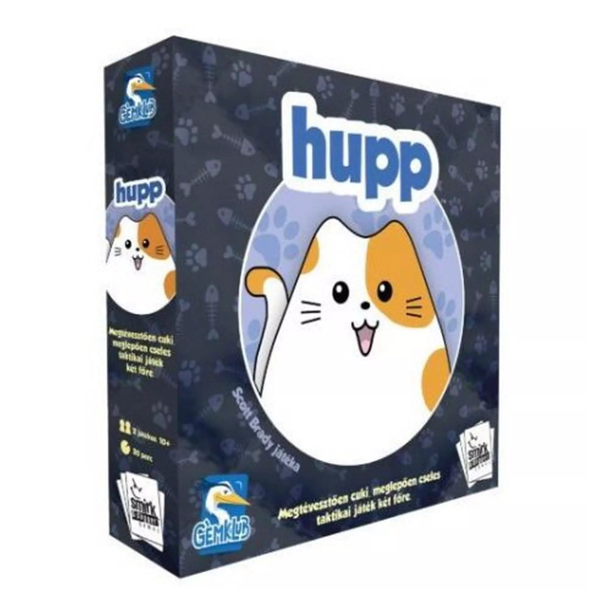 A Hupp társasjáték doboza aranyos cicás grafikával és sötétkék háttérrel.