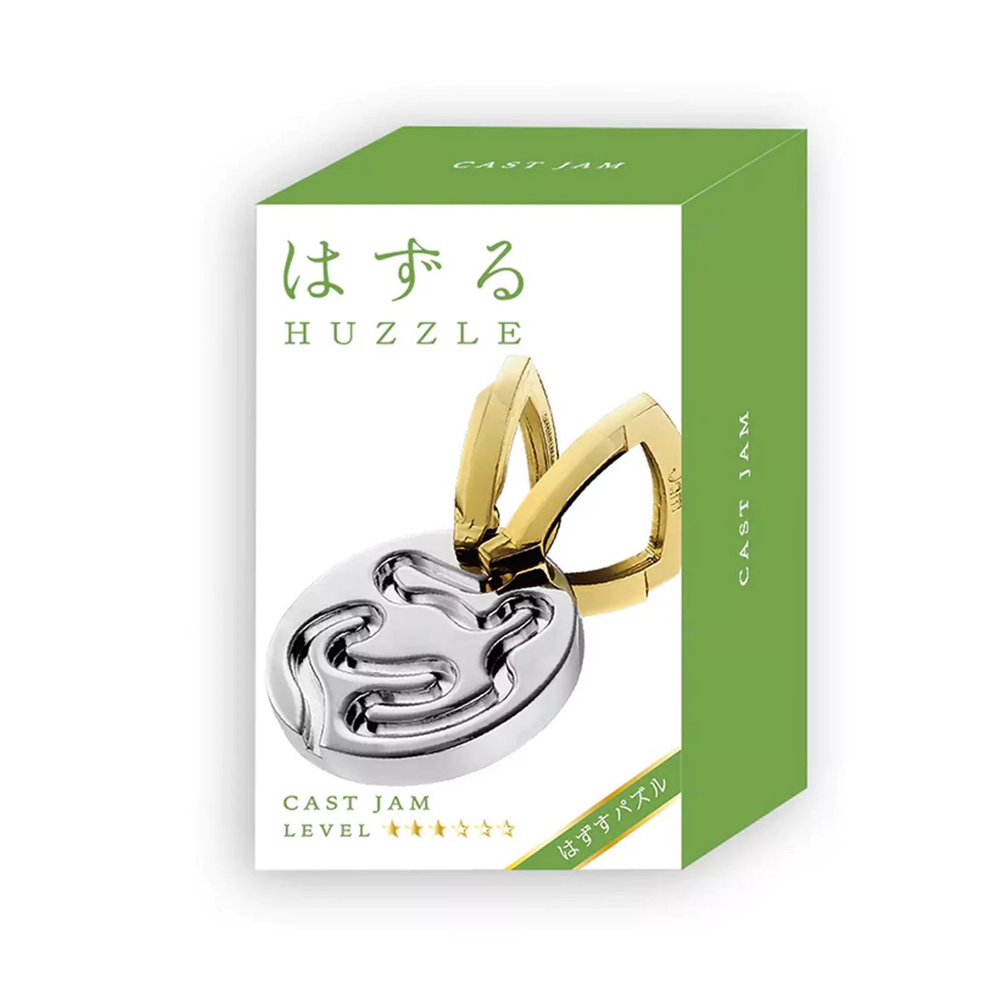 Huzzle Cast JAM puzzle zöld dobozban, japán Huzzle felirattal és a logikai játék illusztrációjával.