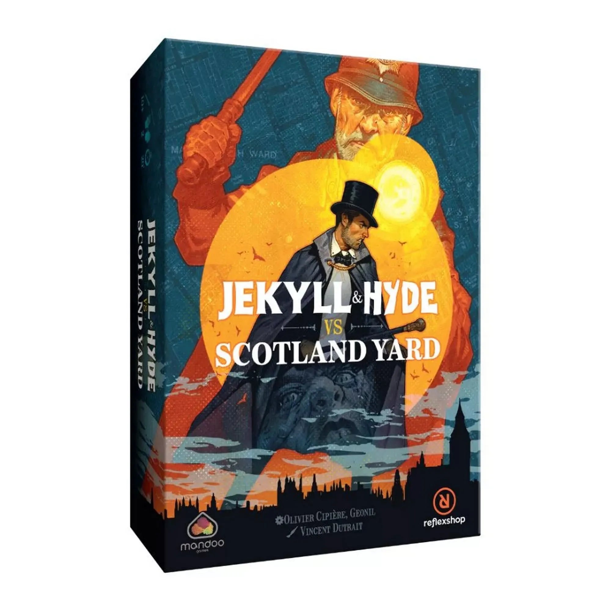 A Jekyll & Hyde vs Scotland Yard társasjáték doboza, amelyen Dr. Jekyll és Mr. Hyde alakja látható London sötét éjszakájának hátterében, a Scotland Yard nyomozóival szemben.