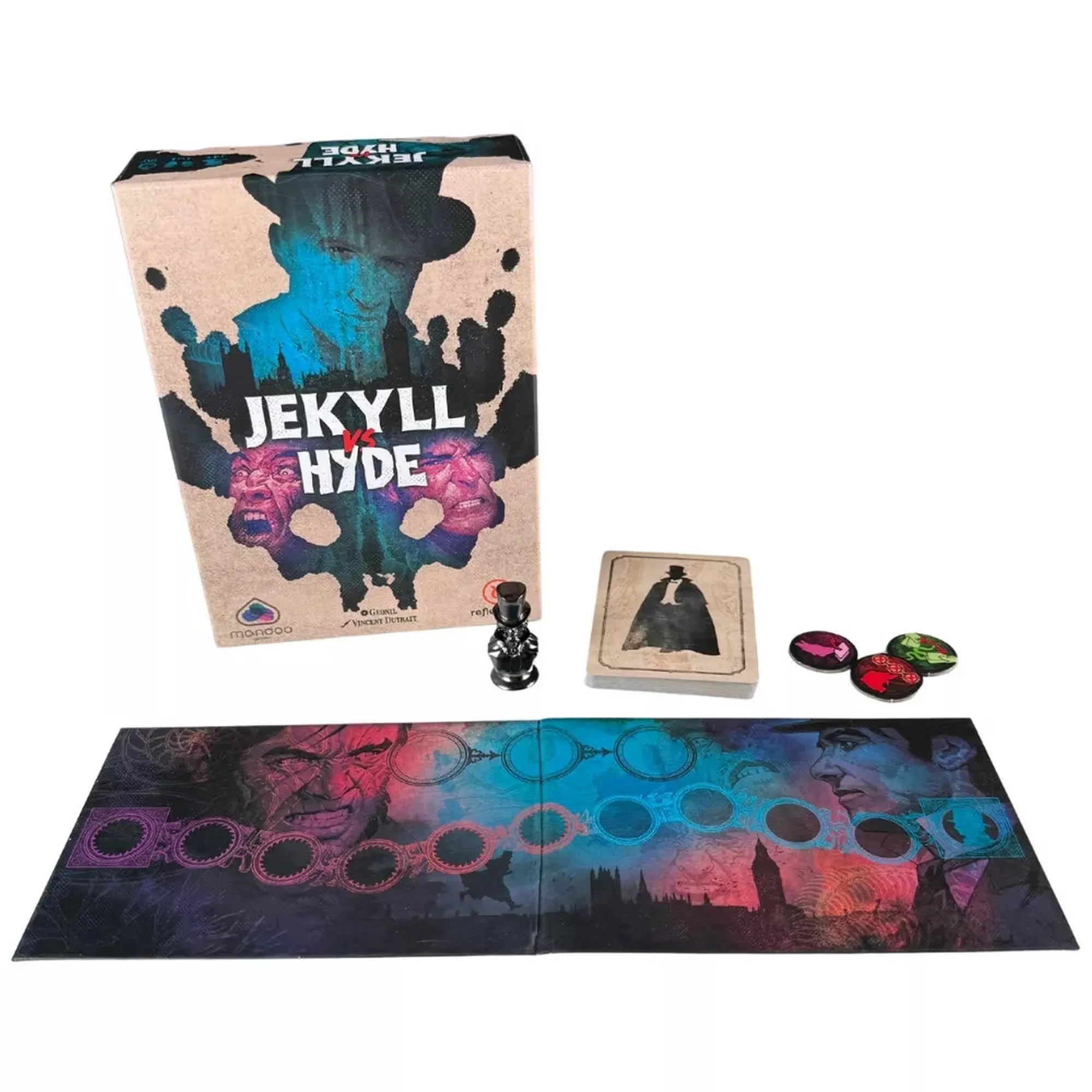 A játék tartalma kibontva: játéktábla, kártyapakli, színes jelölők és a különleges Dr. Jekyll–Mr. Hyde szoborfigura. A tábla a két személyiség közötti küzdelem terepét ábrázolja.