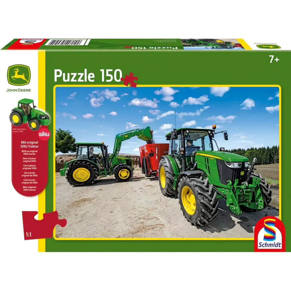 Puzzle Schmidt: John Deere - Tractor seria 5M, 150 piese + Cadou: macheta Siku cutie