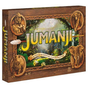 A Jumanji társasjáték ikonikus doboza fa mintázatú kerettel és dzsungeles háttérrel. A borítón a híres sárga JUMANJI felirat látható, körülötte állatfigurákkal: elefánt, orrszarvú, majom és egy kalapos felfedező domborműve díszíti.