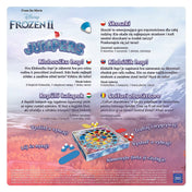 Frozen 2 – Jumpers társasjáték dobozának hátlapja, többnyelvű játékleírással és a játéktartalom bemutatásával.

