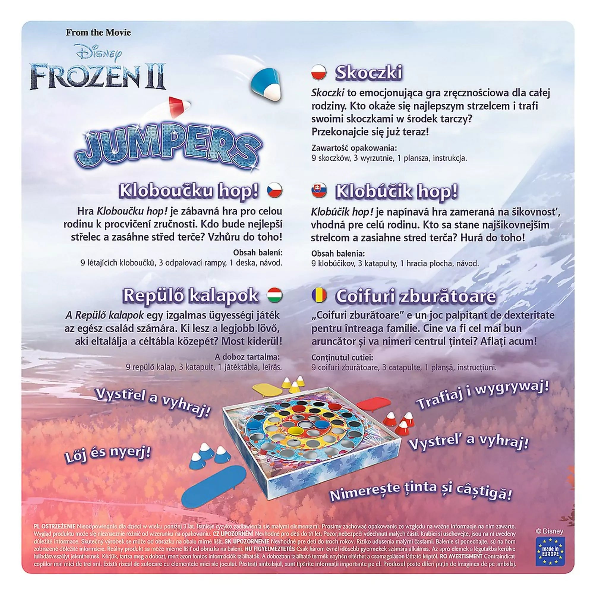 Frozen 2 – Jumpers társasjáték dobozának hátlapja, többnyelvű játékleírással és a játéktartalom bemutatásával.

