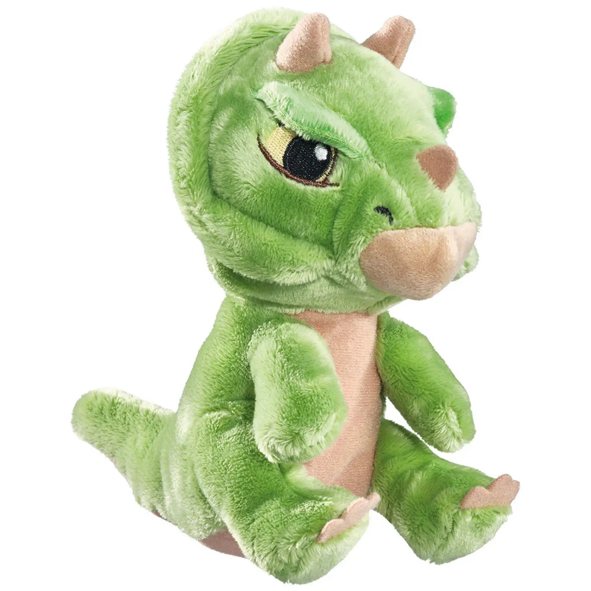 Schmidt Jurassic World Triceratops plüss dinoszaurusz, 17 cm-es zöld figura három szarvval, puha anyagból, ülő pozícióban.