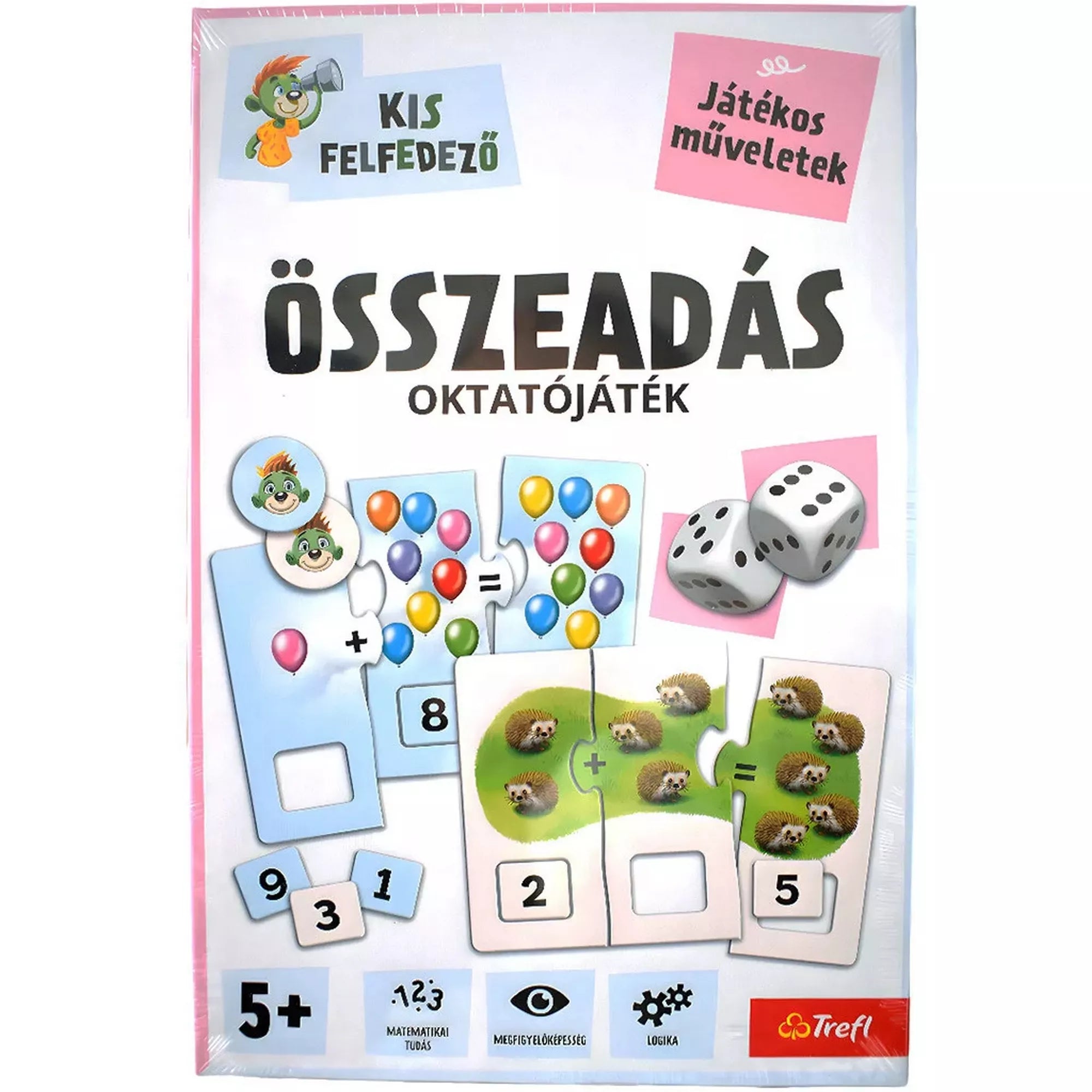 Kis felfedező: Összeadás oktatójáték előlapja, lufis és állatkás összeadási feladatokkal, számkártyákkal és dobókockákkal.