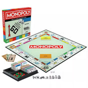 A Klasszikus Monopoly (Refresh) társasjáték teljes tartalma: a játéktábla, pénzek, ingatlankártyák, házak, hotelek és fém bábuk rendezett tálcában. A doboz és a Monopoly logó is jól látható.