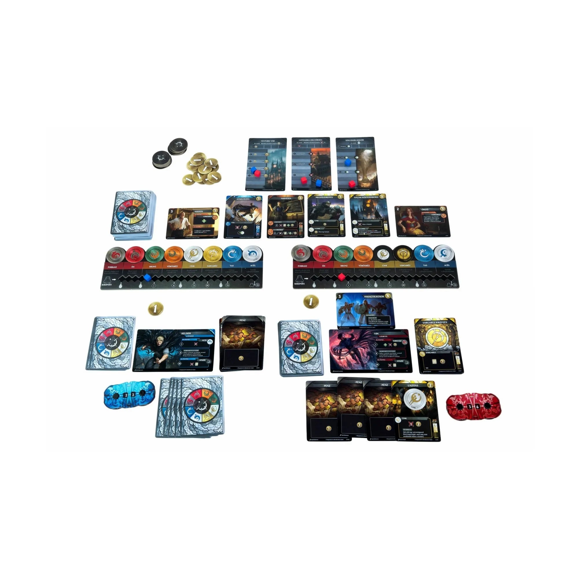 A Ködszerzet – A pakliépítő játék parti közbeni elrendezése: kirakott akciókártyák, fémkorongok, karakterlapok és jelölők.