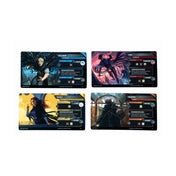 A Ködszerzet – A pakliépítő játék négy részletes karakterlapja: Kelsier, Vin, Shan és Marsh illusztrációkkal és képességekkel.